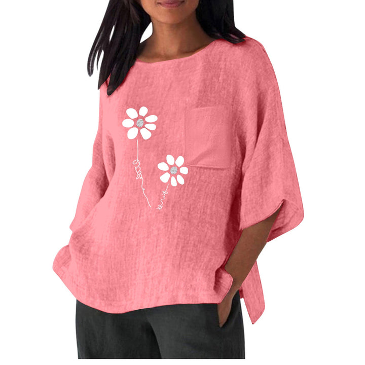 Damen lässiges Blusenshirt mit einzigartigem Blumenprint und praktischem Brusttaschen Drune