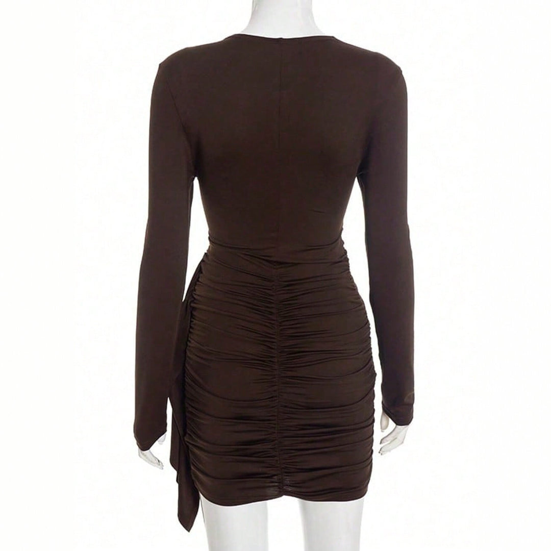 Damen figurbetontes langarm-Bodycon-Minikleid mit Taillenraffung und asymmetrischer Drapierung Drune