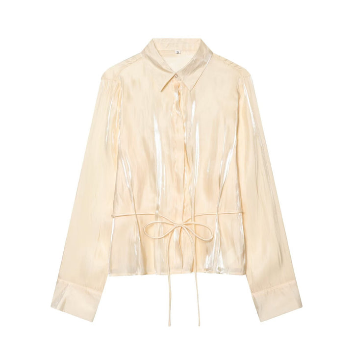 Damen schimmernde Bluse mit verstellbarem Taillenzug und elegantem Kragen Drune