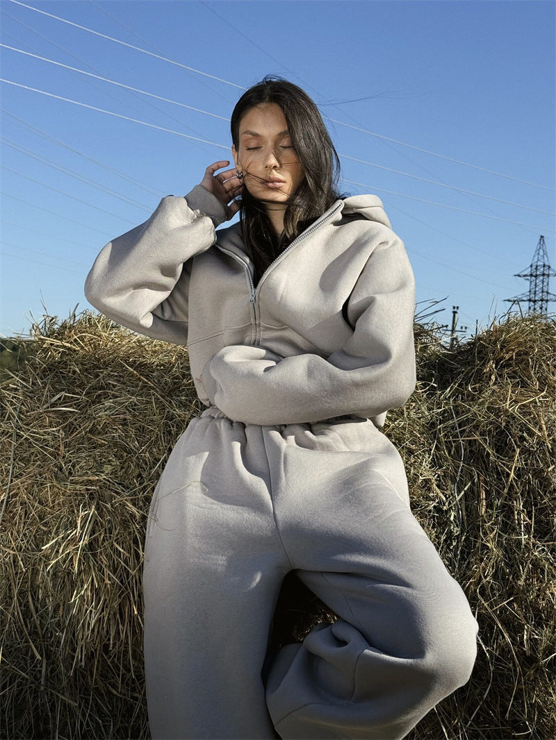 Damen lässiger Cropped Sweatjacke und bequeme Jogginghose Set Drune