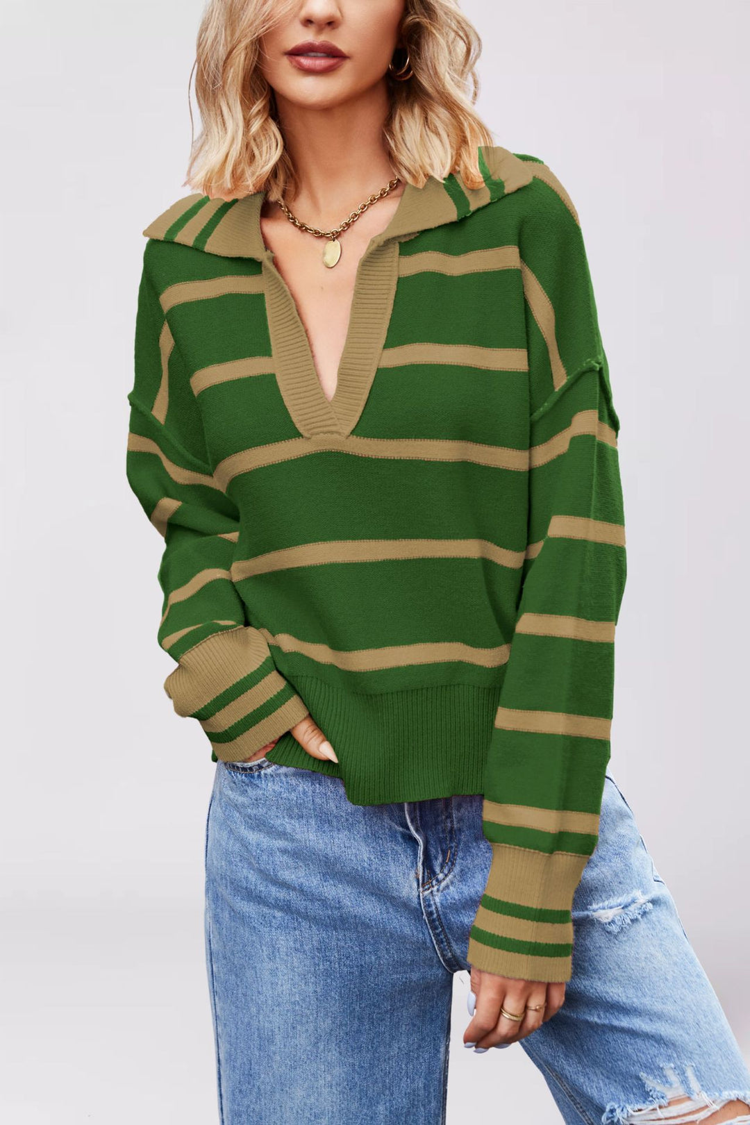 Damen lässiger Pullover mit V-Ausschnitt und breitem Streifenmuster Drune