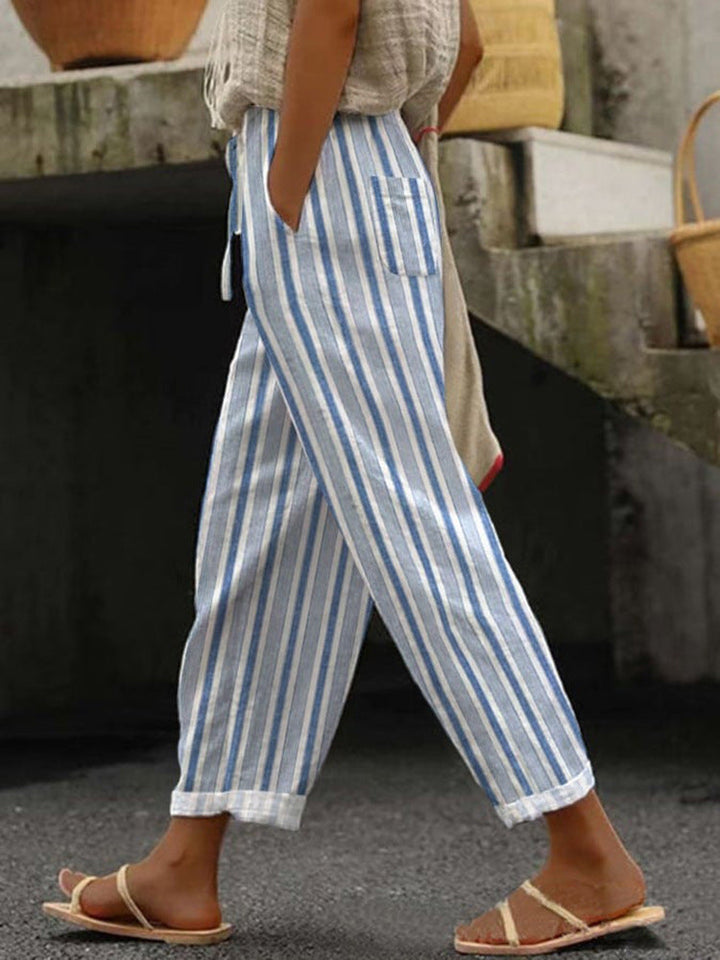 Damen Weite Leinenhose mit handgewebtem Muster Drune