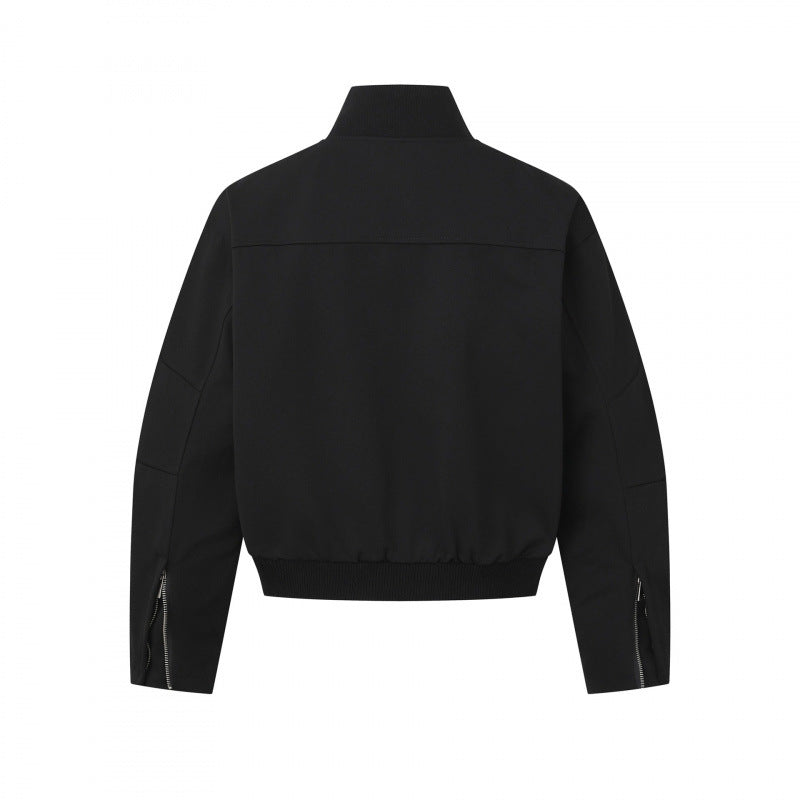 Unisex Kurz geschnittene minimalistische Bomberjacke mit geripptem Stehkragen und verdeckter Reißverschlussblende Drune