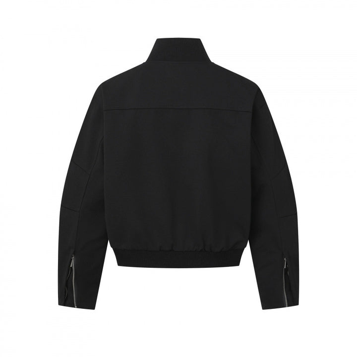 Unisex Kurz geschnittene minimalistische Bomberjacke mit geripptem Stehkragen und verdeckter Reißverschlussblende Drune