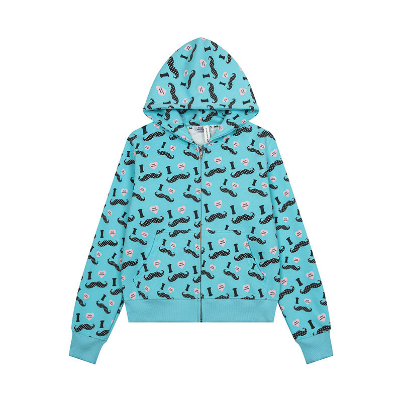 Damen Kurze Kapuzen‑Sweatjacke im Grafik-Print mit Rippbündchen und Kängurutaschen Drune