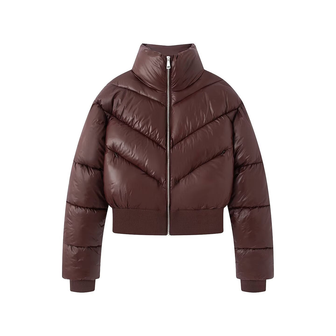 Damen Cropped Pufferjacke mit hohem Stehkragen und breitem Rippenbund Drune