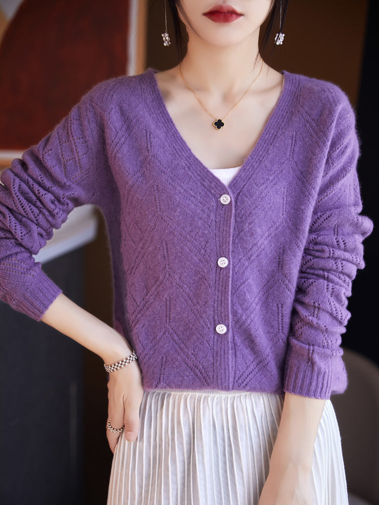 Damen Leichter Ajourcardigan mit geometrischer Lochstruktur und kastiger Kurzform Drune