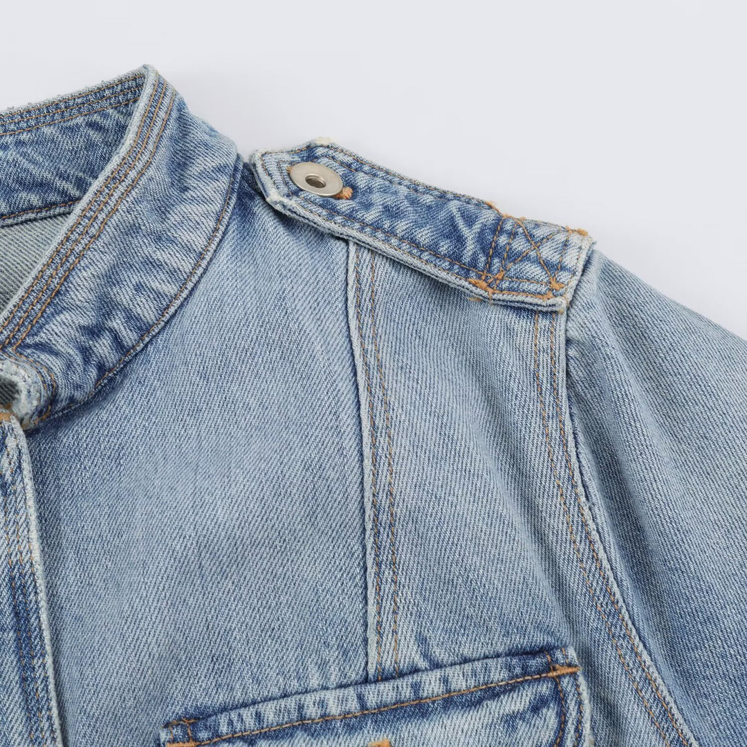 Damen Utility-Denimjacke mit Stehkragen, Pattentaschen und Epauletten Drune