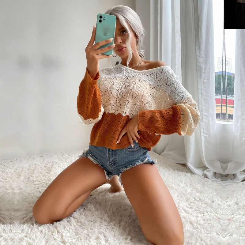 Damen Oversize Ajour-Strickpullover mit weitem Off-Shoulder-Ausschnitt Drune