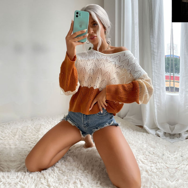 Damen Oversize Ajour-Strickpullover mit weitem Off-Shoulder-Ausschnitt Drune