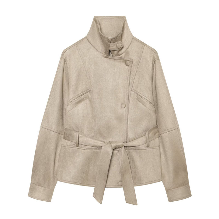 Damen Taillierte Kurzjacke aus weichem Veloursimitat mit asymmetrischer Knopfleiste und Bindegürtel Drune