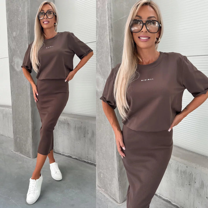 Damen lässiges Zweiteiler-Set aus Feinstrick mit oversized Shirt und Midi-Bleistiftrock mit Seitenschlitz Drune