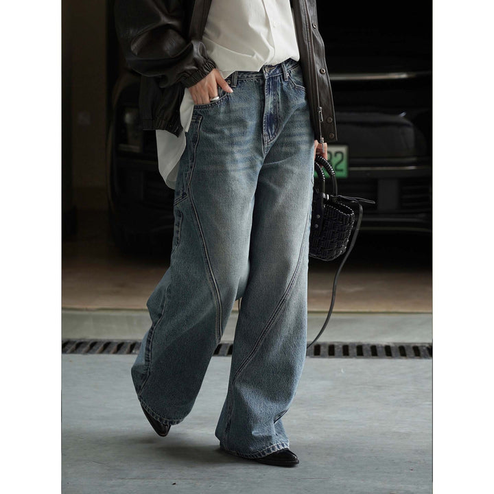 Damen Hochtaillierte Baggy-Denimhose mit geschwungenen Naht-Details Drune