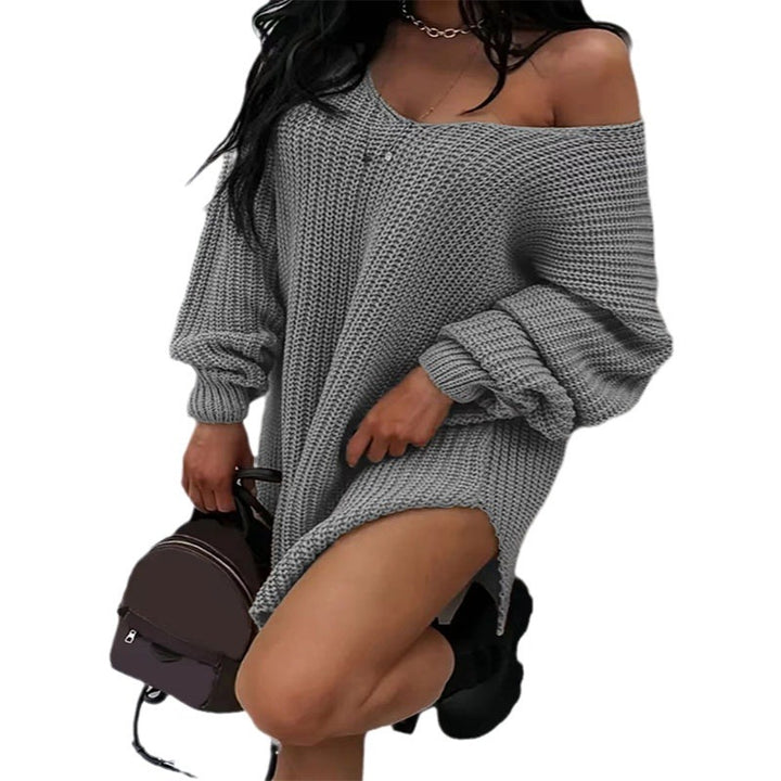 Damen Oversize Strickkleid mit weitem Rundhalsausschnitt und lässiger Passform Drune