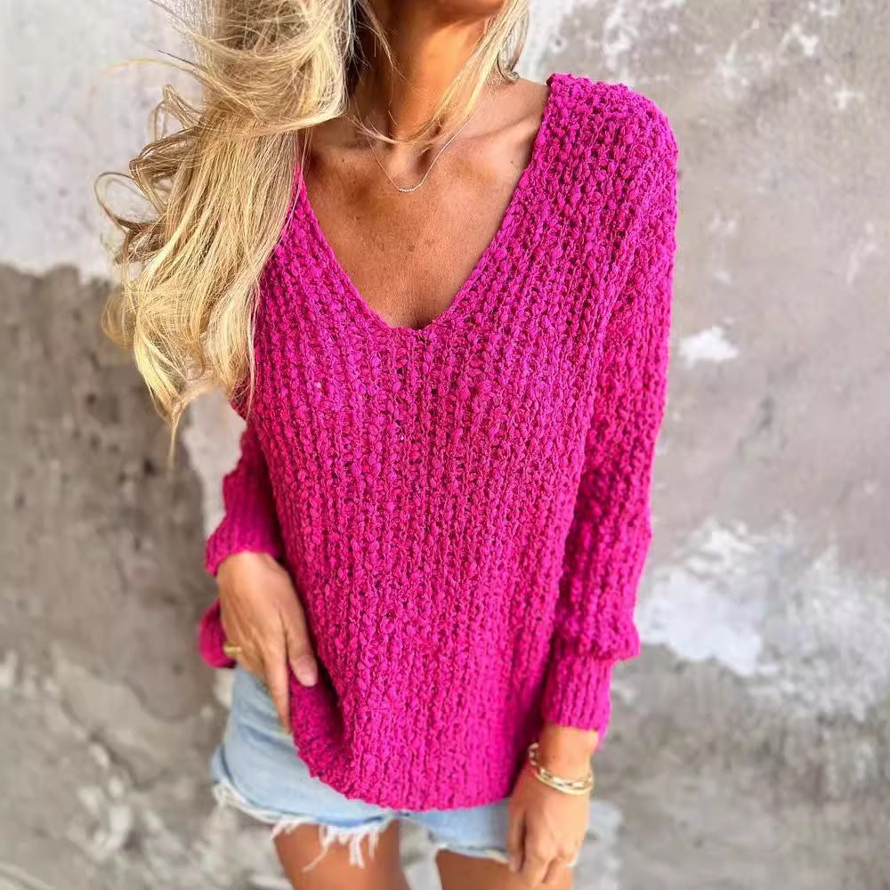 Damen Bequemes V-Ausschnitt Sweatshirt mit Struktur und langen Ärmeln Drune