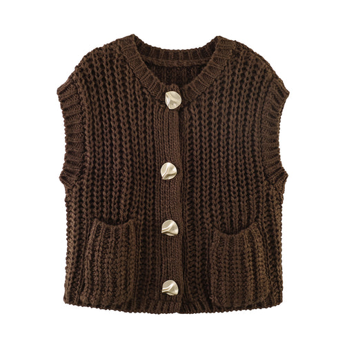 Damen Grobgestrickte ärmellose Weste mit Zierknöpfen und Taschen Drune