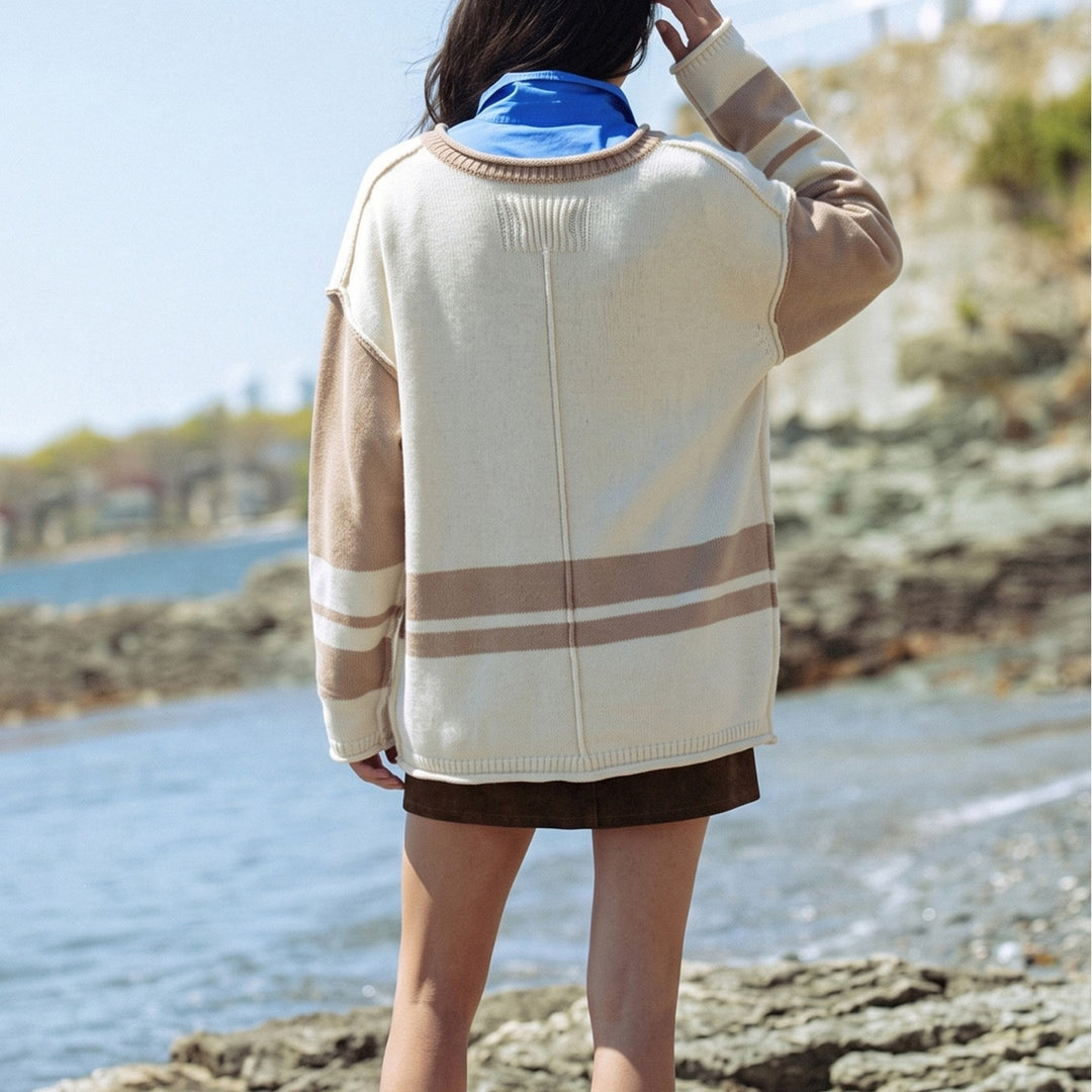 Damen Grobstrick-Pullover mit Paillettenstreifen, Oversize-Schnitt & Rundhalsausschnitt Drune