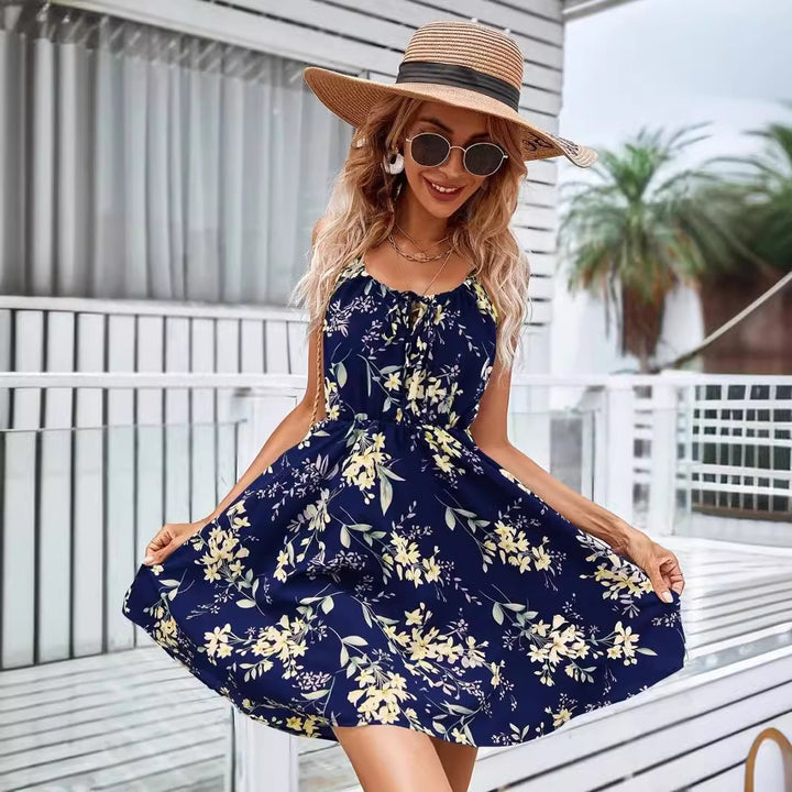 Damen Blumenkleid mit verstellbaren Spaghettiträgern und elastischem Taillenbund Drune