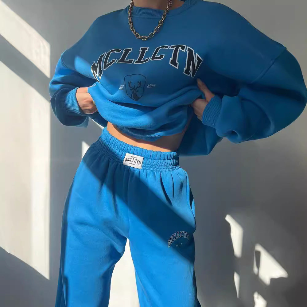 Damen Oversized College-Sweatshirt und High-Waist-Jogger-Set aus French-Terry Drune