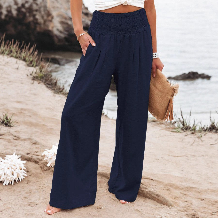 Damen weite Leinenhose mit elastischem Bund und Falten Drune