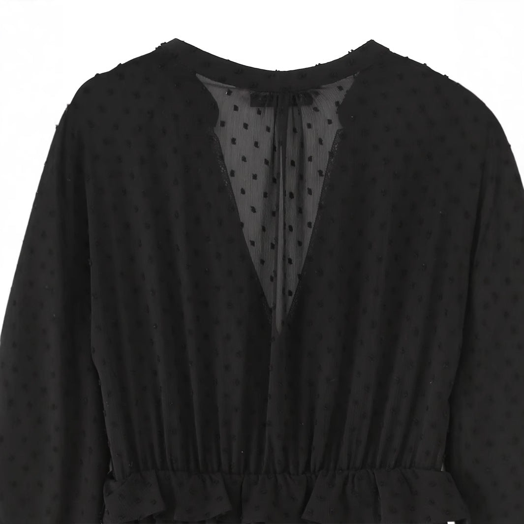 Damen nan luftiges Chiffon Midikleid mit V-Ausschnitt und Volantbund Drune