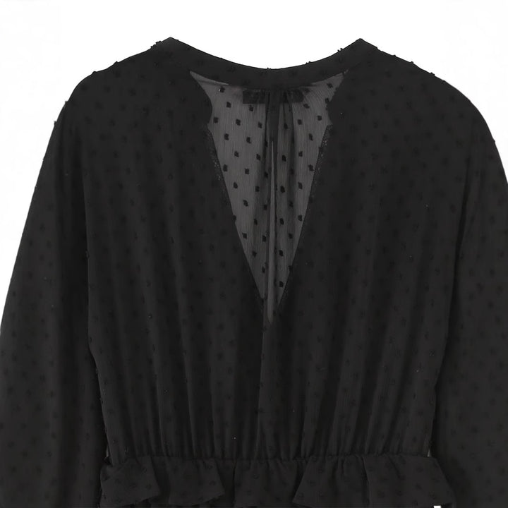 Damen nan luftiges Chiffon Midikleid mit V-Ausschnitt und Volantbund Drune