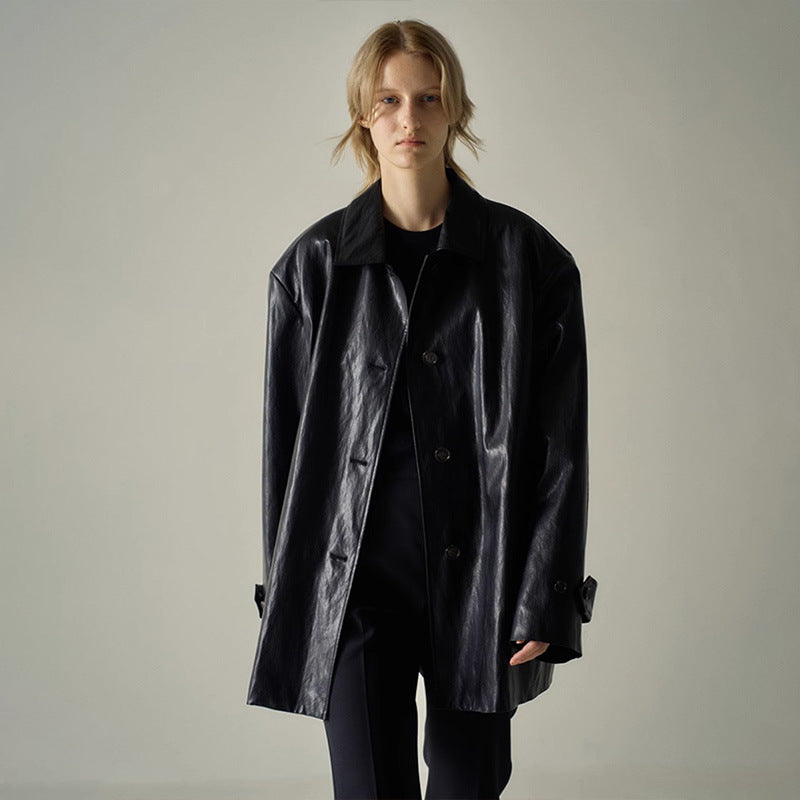 Damen Modische Kunstlederjacke mit übergroßem Schnitt Drune