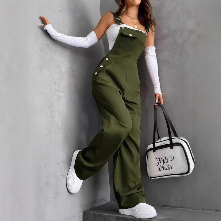 Damen nan weite Latzhose mit seitlichen Zierknöpfen, Brusttasche und weitem Bein Drune