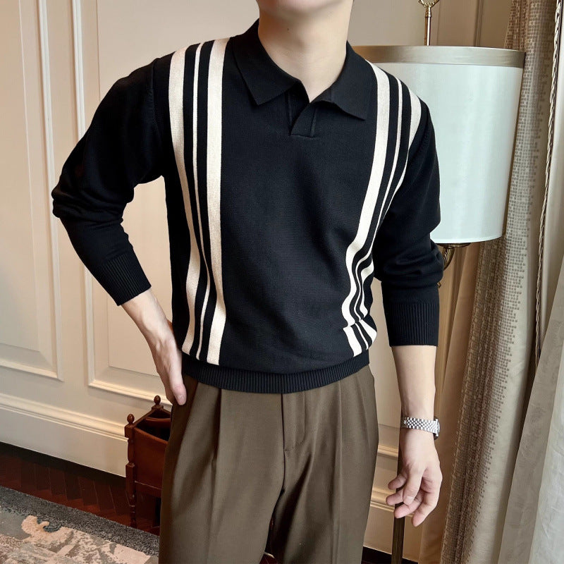 Herren Polokragen-Strickpullover mit markanten Längsstreifen und schmaler Passform Drune