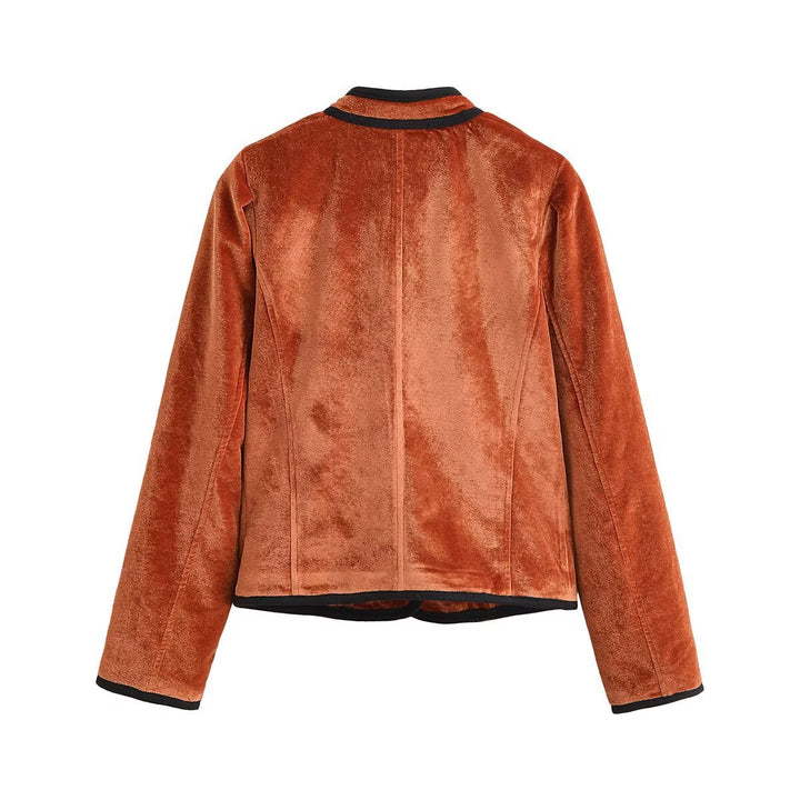 Damen Samtjacke im Blazer-Stil mit Stehkragen und bezogenen Knöpfen Drune