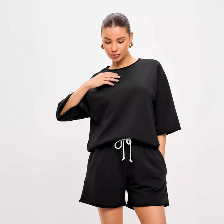 Damen lässiges Freizeitanzug-Set aus weichem Baumwollmix mit oversized T-Shirt und Shorts