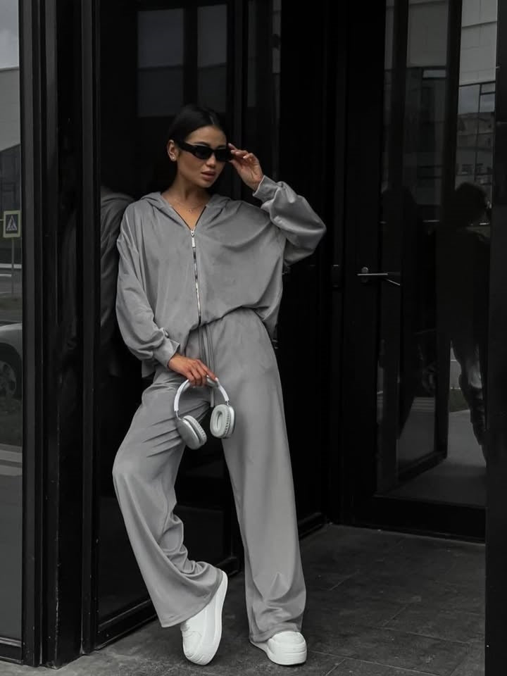 Damen luxuriöses Velours-Lounge-Set mit kurzem Reißverschluss-Hoodie und weitem High-Waist-Hose Drune