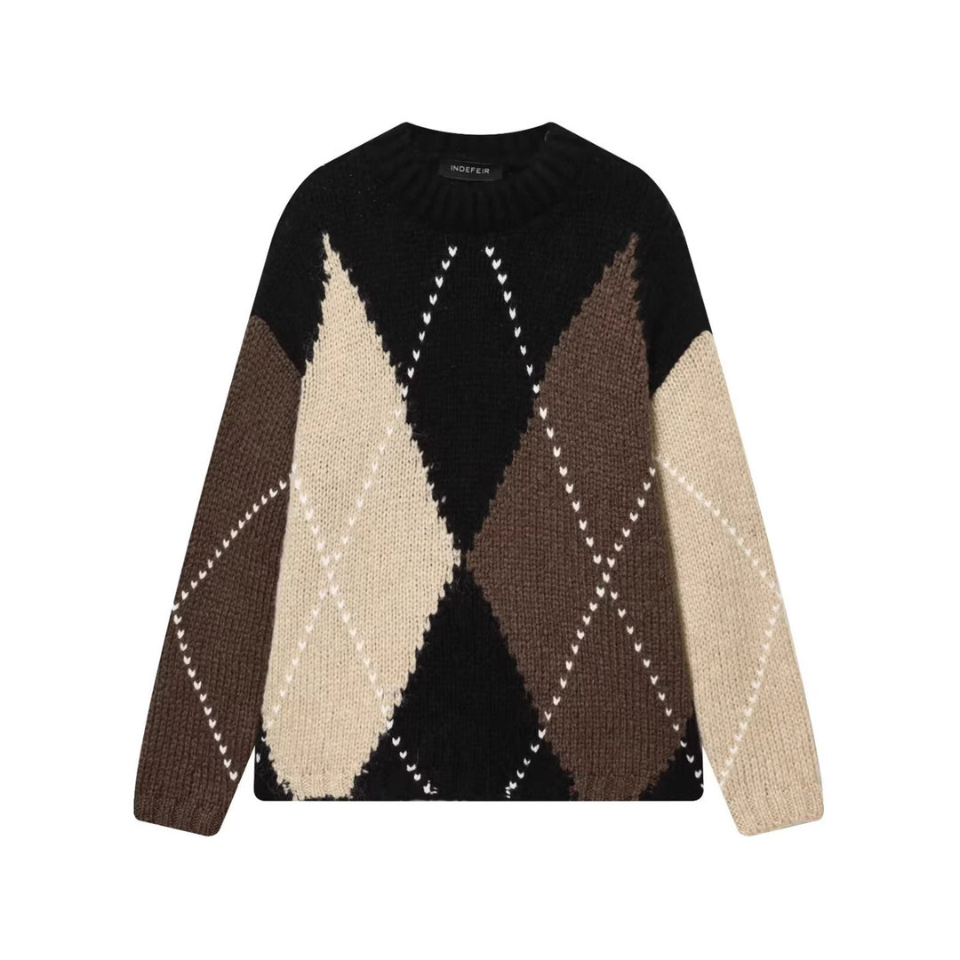 Damen Grobgestrickter Argyle-Pullover mit Oversize-Schnitt und Rippkragen Drune