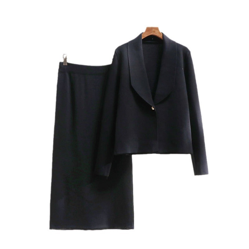 Damen elegantes Strickensemble mit Blazer und Midi-Rock Drune