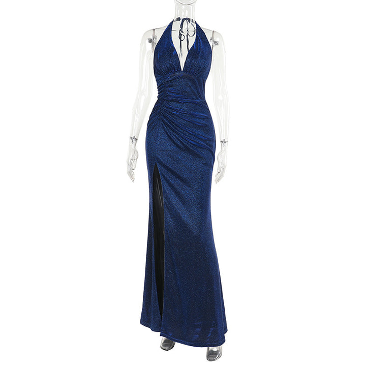 Damen Glamouröses Maxikleid mit tiefem V-Ausschnitt und raffiniertem Rüschendesign Drune