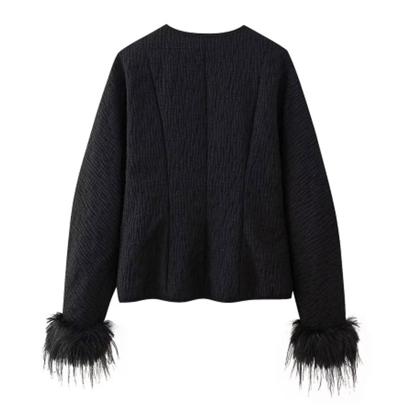 Damen elegante Jacke mit aufwendigen Fell-Ärmeln Drune