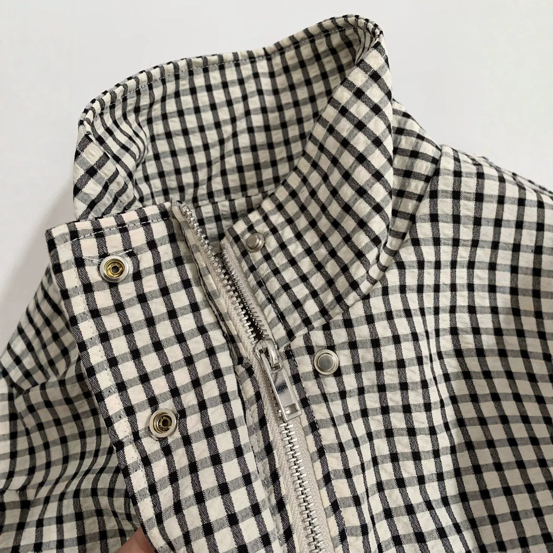 Damen Oversize Kurzjacke mit Stehkragen und Vichy-Karo Drune