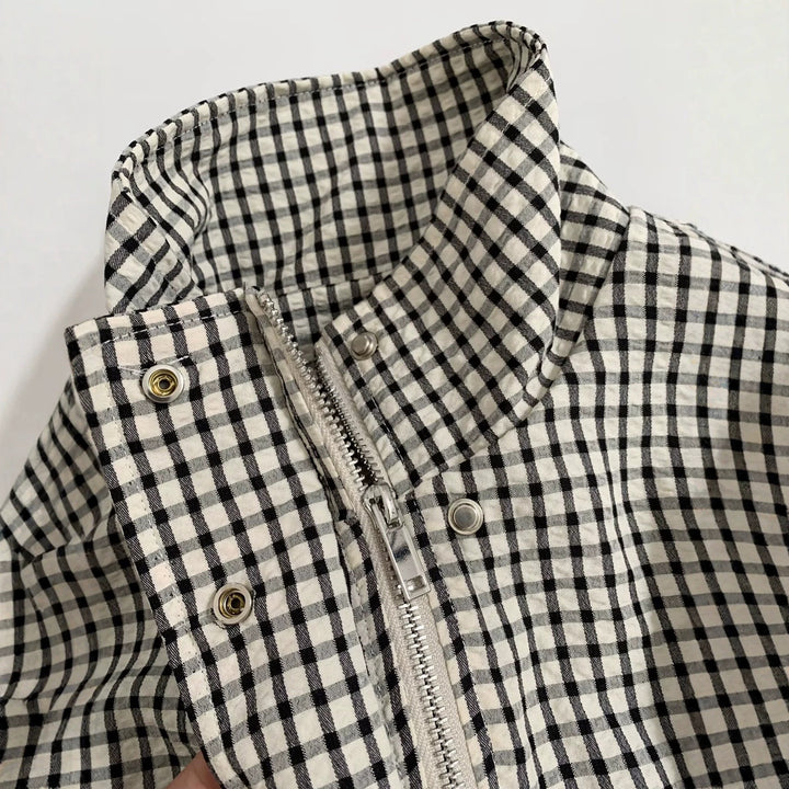 Damen Oversize Kurzjacke mit Stehkragen und Vichy-Karo Drune