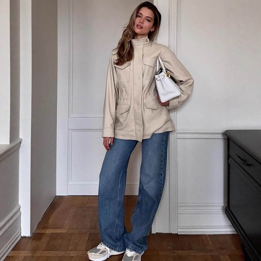 Damen lässige Utility-Jacke mit hohem Kragen und praktischen Taschen Drune