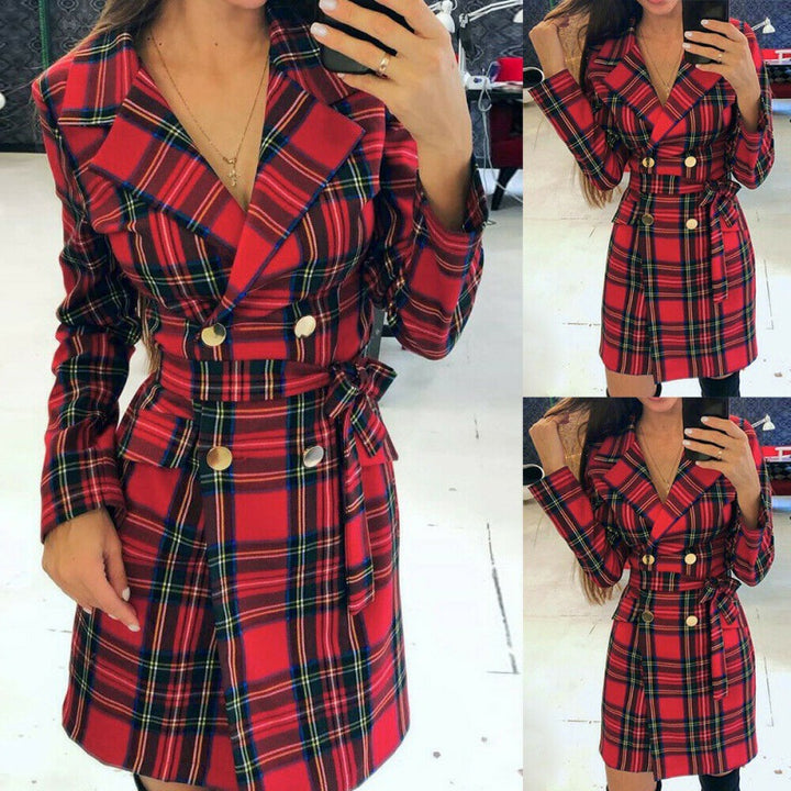 Damen Karierter Doppelreihiger Trenchcoat mit Taillengürtel Drune
