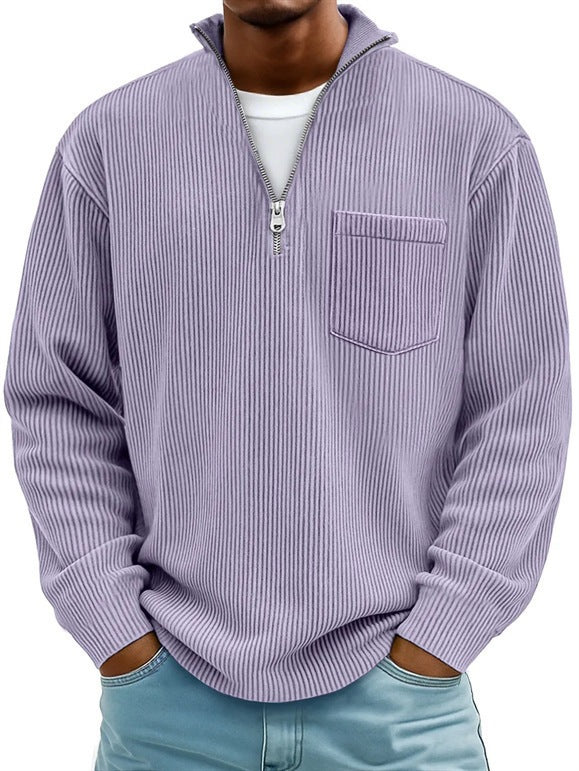 Herren Rippstrickpullover mit kurzem Reißverschluss und Brusttasche EB