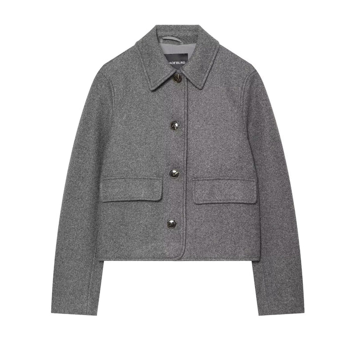 Damen Kurzer boxy Wollblouson mit Hemdkragen und Pattentaschen Drune