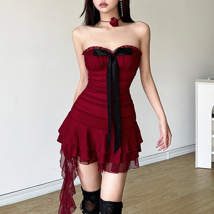 Damen elegantes Wickelkleid mit voluminösen Rüschendetails und Taillenband Drune