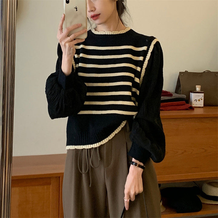 Damen Streifenpullover mit Puffärmeln und Rippdetails Drune
