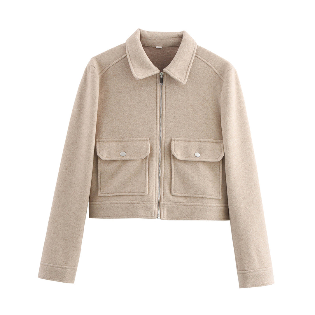 Damen 70+ kurze Wollmix‑Blousonjacke mit Reißverschluss, Hemdkragen und Pattentaschen Drune