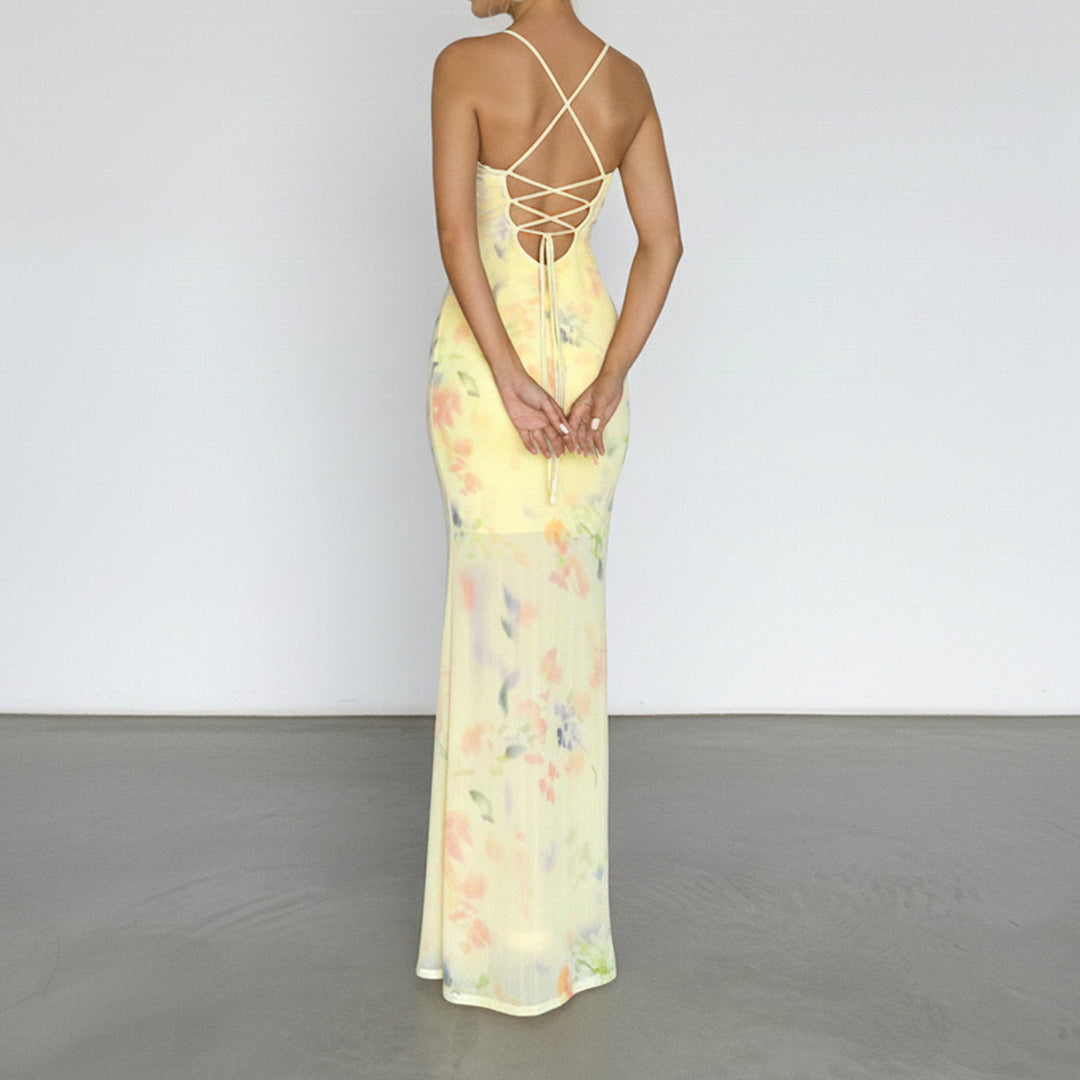 Damen Blumen Maxikleid mit raffinierten Spaghettiträgern und Spitzen-Akzenten Drune