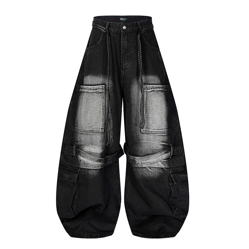 Damen Weite Denim-Cargo-Hose im Balloon-Schnitt mit großen Aufsatztaschen und geflochtenem Gürtel Drune
