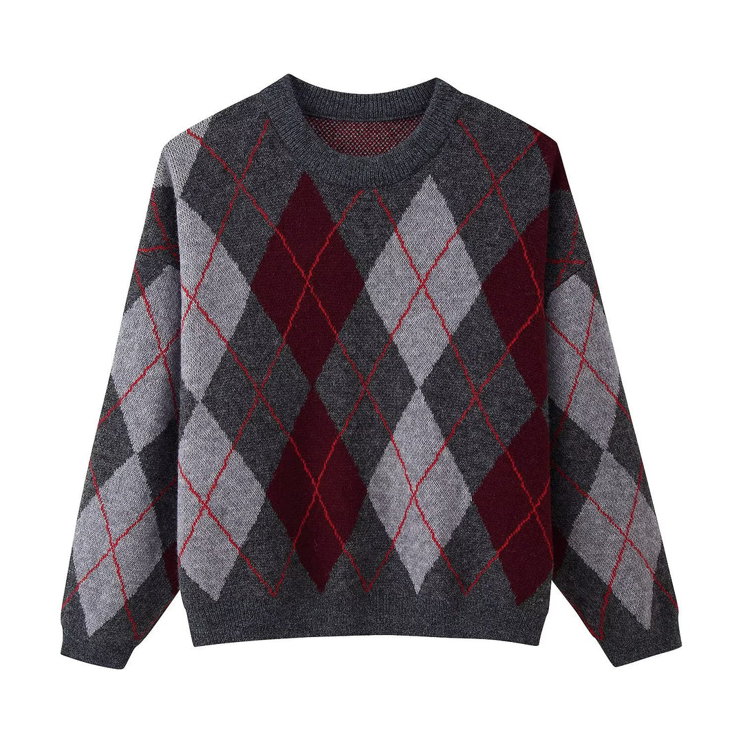 Damen 200+ oversized Argyle Strickpullover aus Wollmix mit Rundhalsausschnitt Drune