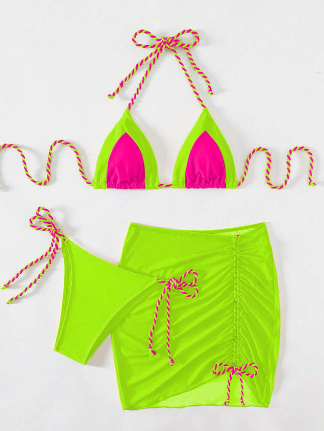 Damen Triangel-Bikini mit Wickelrock und Bänder Drune