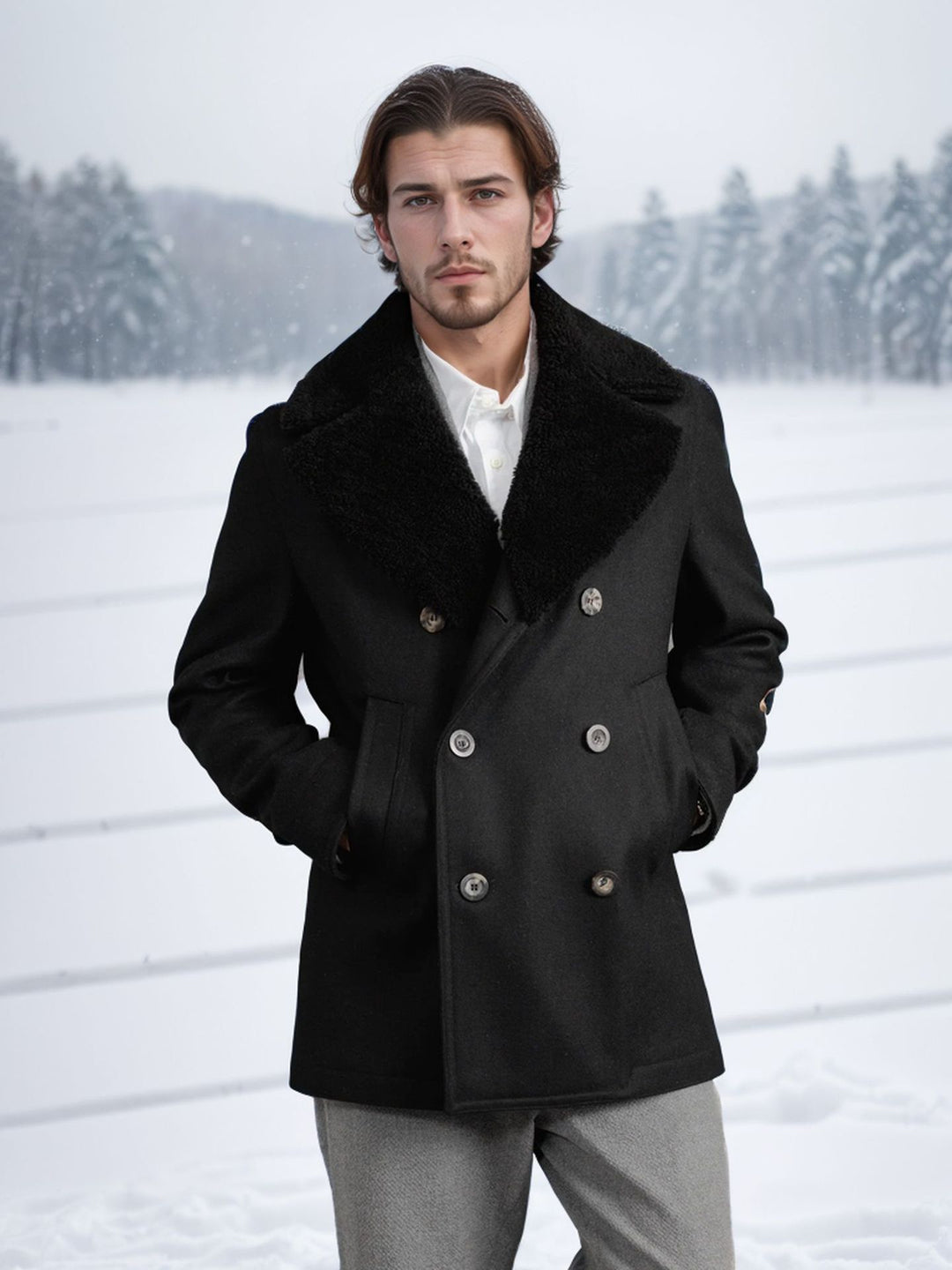 Herren Kurzmantel im Pea‑Coat‑Stil aus Wollmix mit voluminösem Teddykragen und Eingrifftaschen Drune